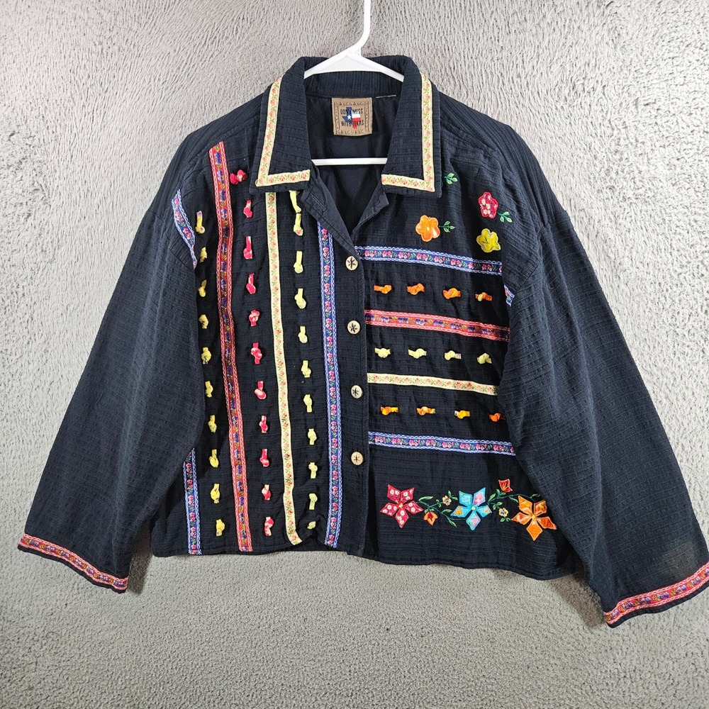 Don't Mess With Texas Women Black Floral Embroidered Textured Button Up Jacket L